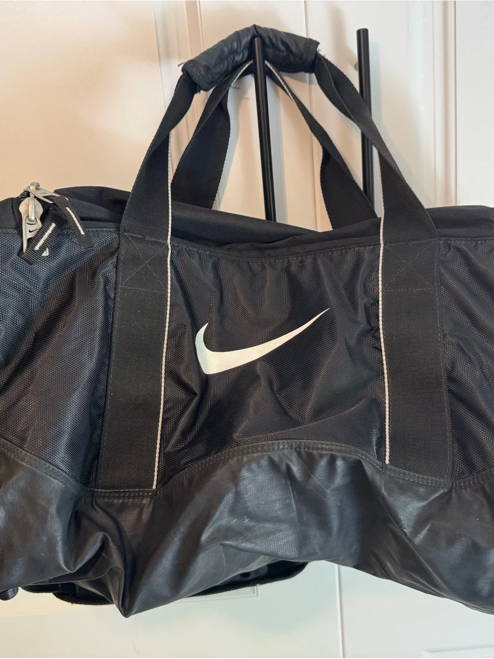 Nike Black Duffel Bag with White Swoosh Accent